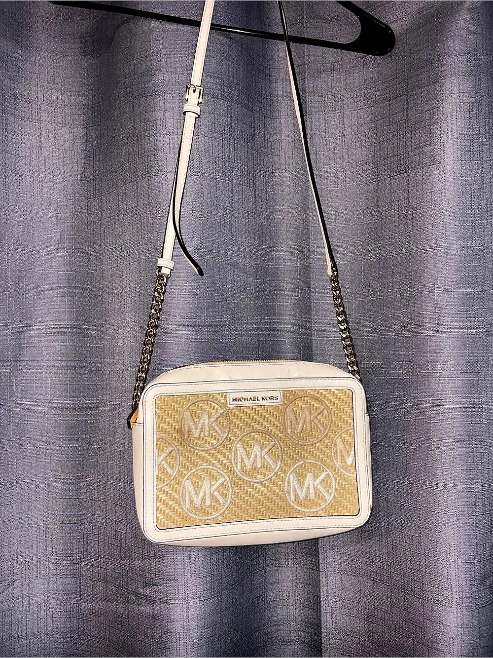 Michael Kors Jet Set Large Woven Crossbody Bag Cream & Gold